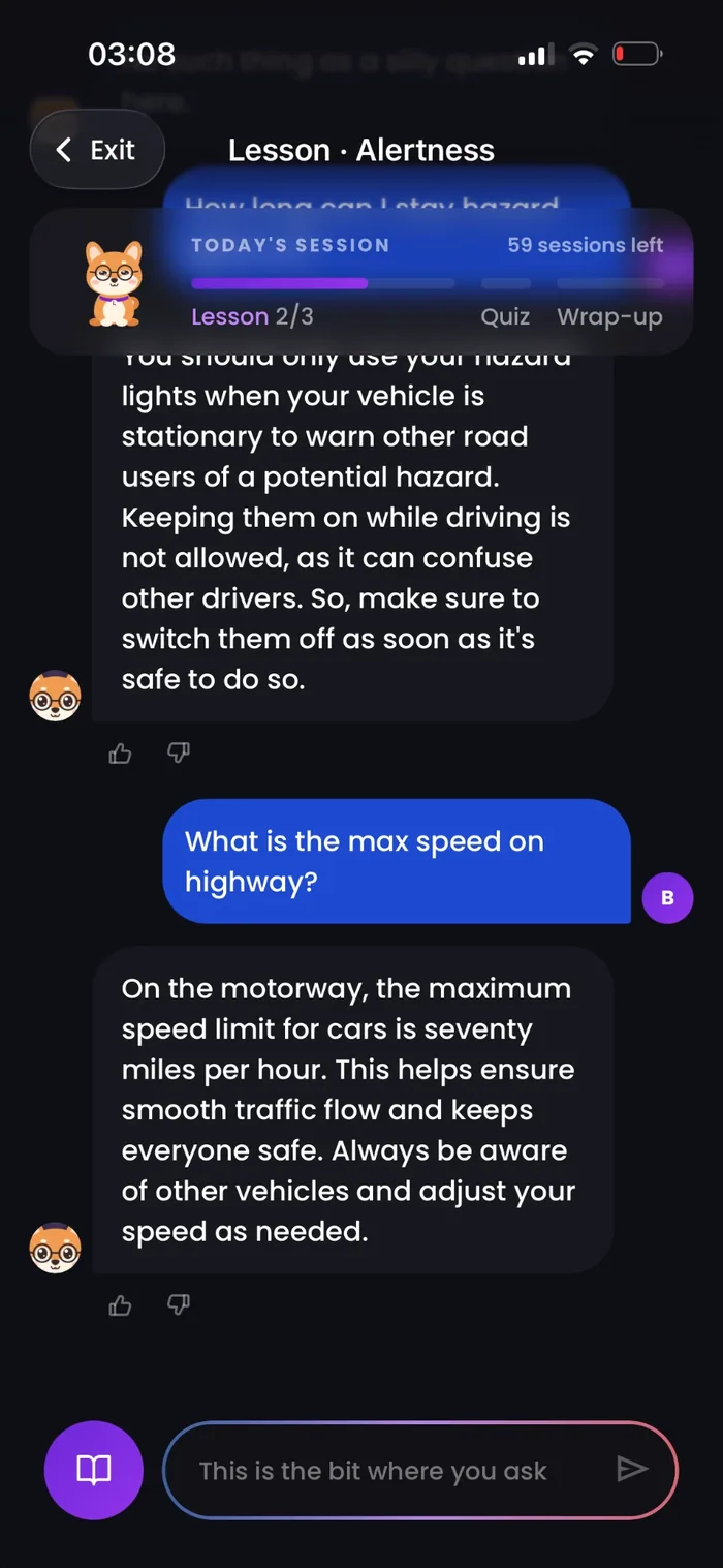Drivingo lesson chat: the AI coach explains when to use hazard warning lights and the motorway speed limit.