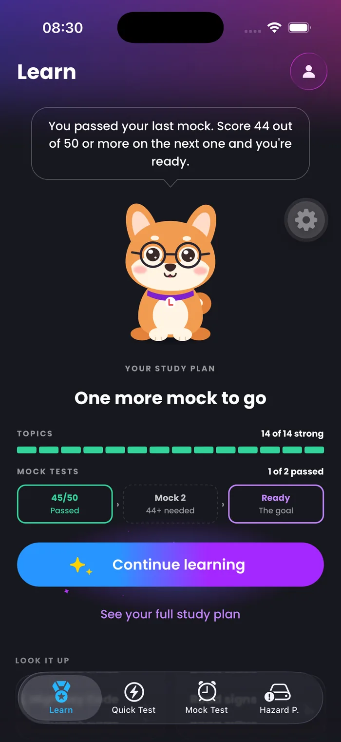Drivingo Learn screen: the coach says one more passed mock means you are ready, with all 14 topics strong, a 45/50 mock passed, and Continue learning.