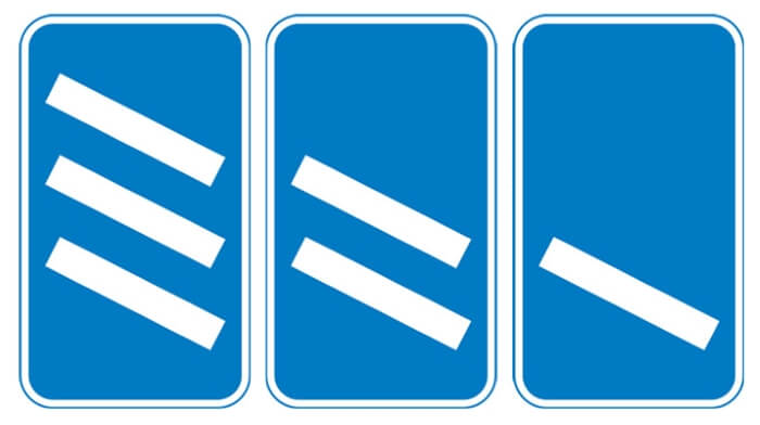 ‘Countdown’ markers at exit from motorway (each bar represents 100 yards to the exit). Green-backed markers may be used on primary routes and white-backed markers with black bars on other routes. At approaches to concealed level crossings white-backed markers with red bars may be used., desc: ough these will be erected at equal distances the bars do not represent 100 yard intervals.